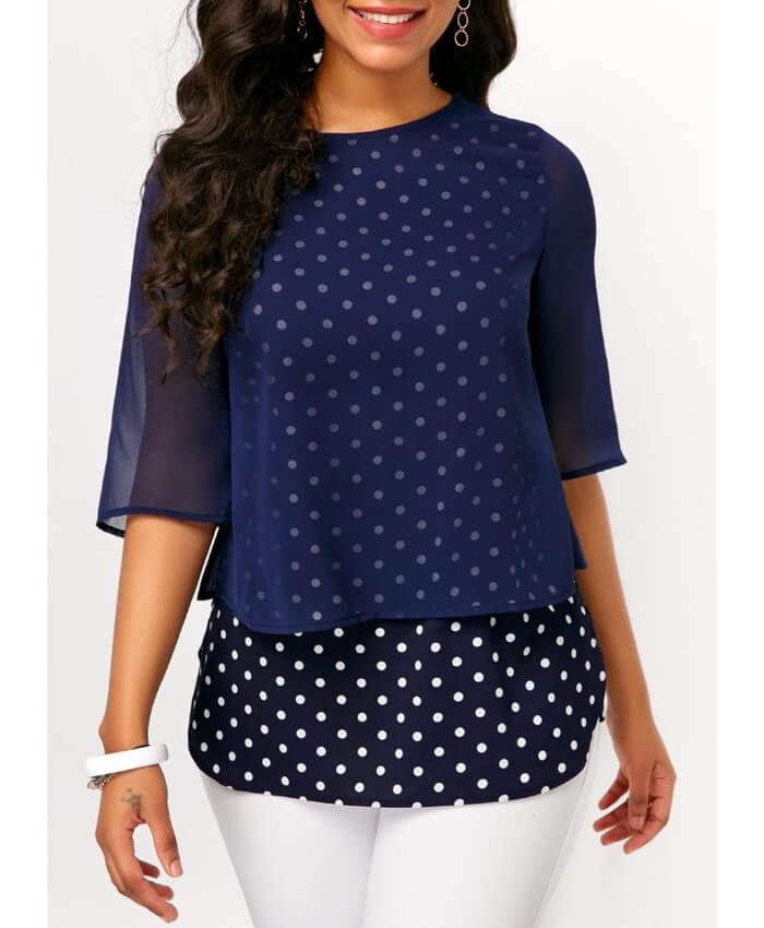 Half Sleeve Navy Mesh Overlay Polka Dot Blouse